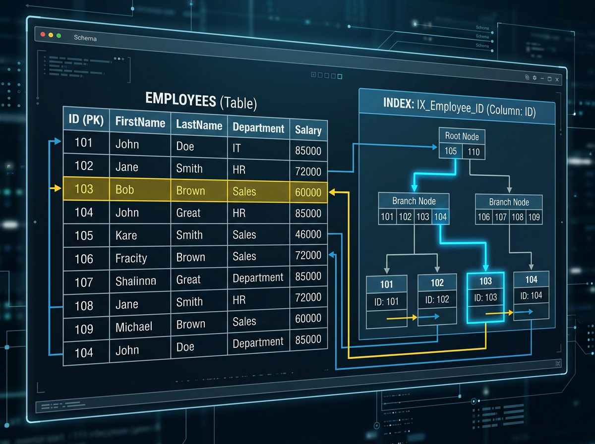 Employee table with columns ID, FirstName, LastName, Department, Salary linked to index tree highlighting record ID 103